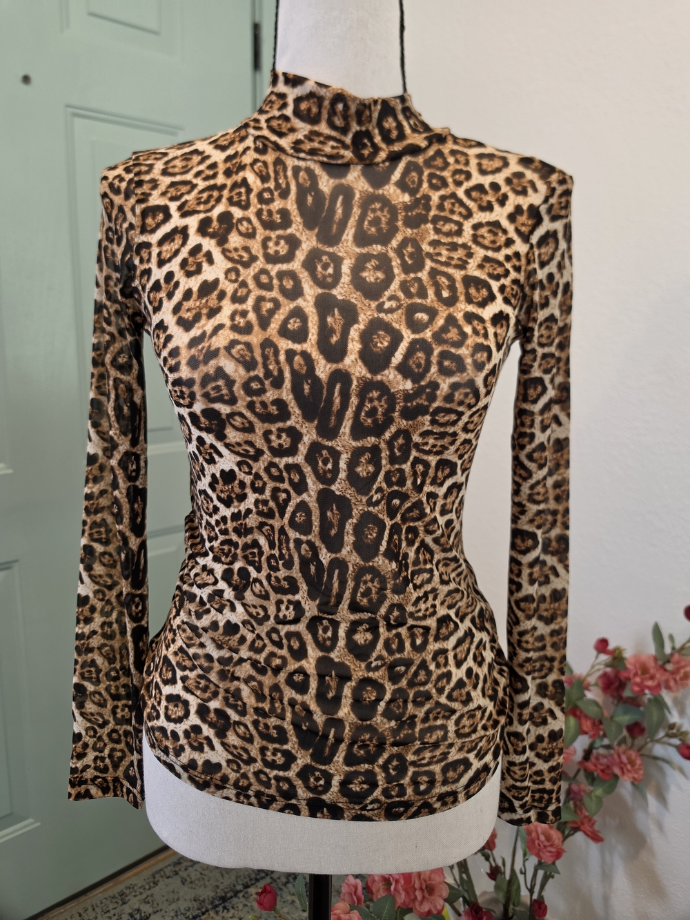 Leopard Print Mock Neck Long Sleeve Top - Brown/Black - S - NEW!
